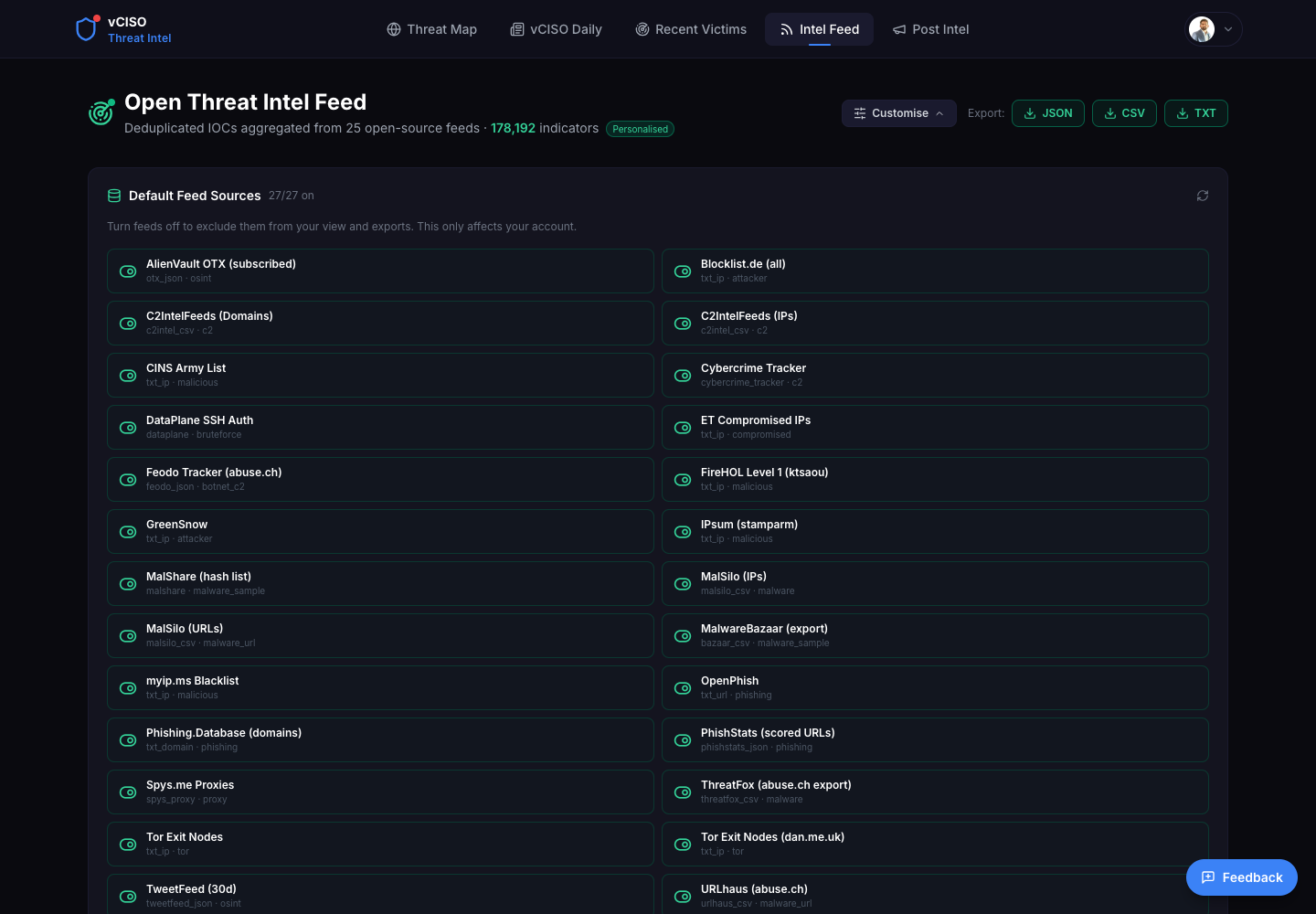 Intel Feed customise panel
