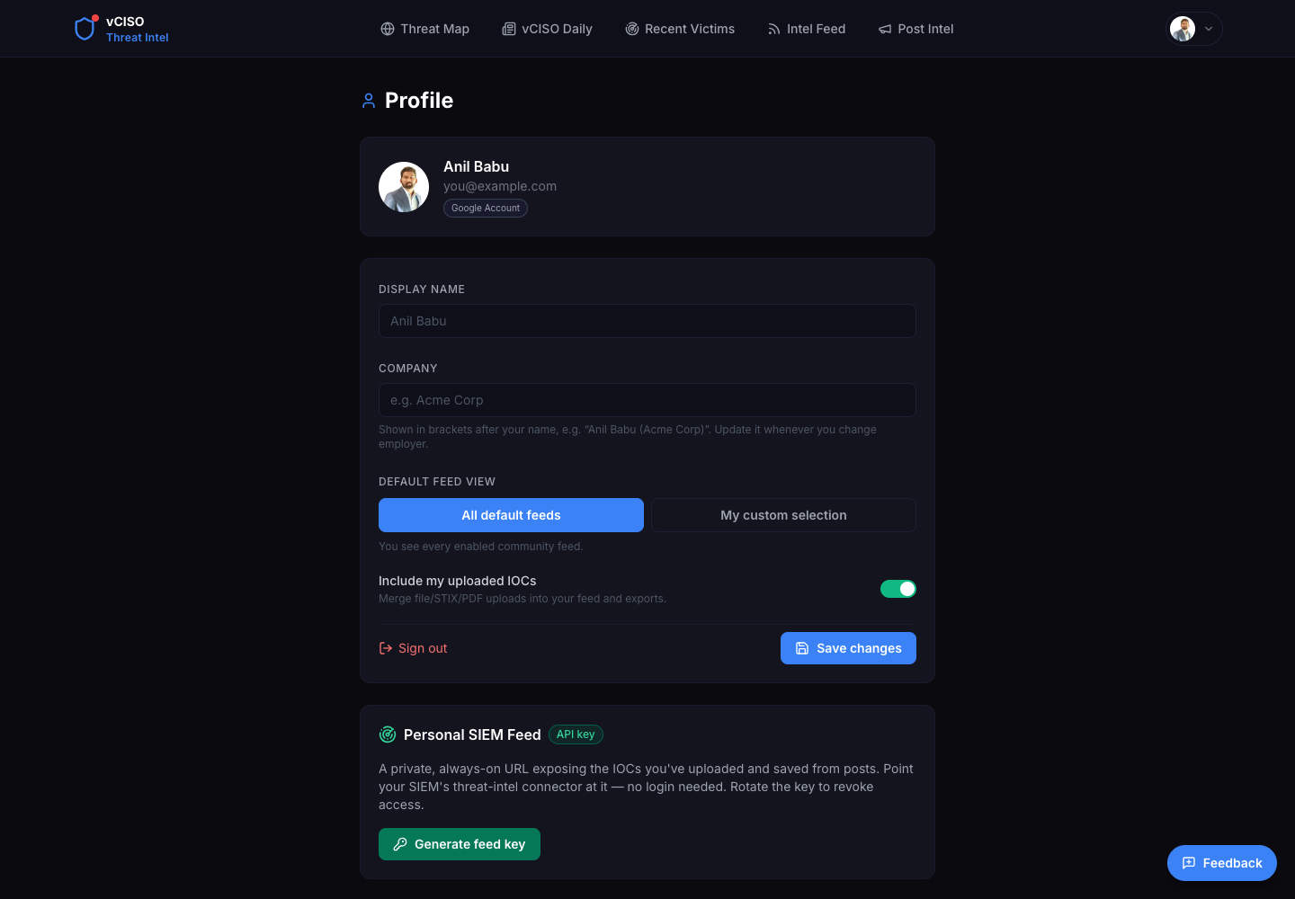 Profile and Personal SIEM Feed